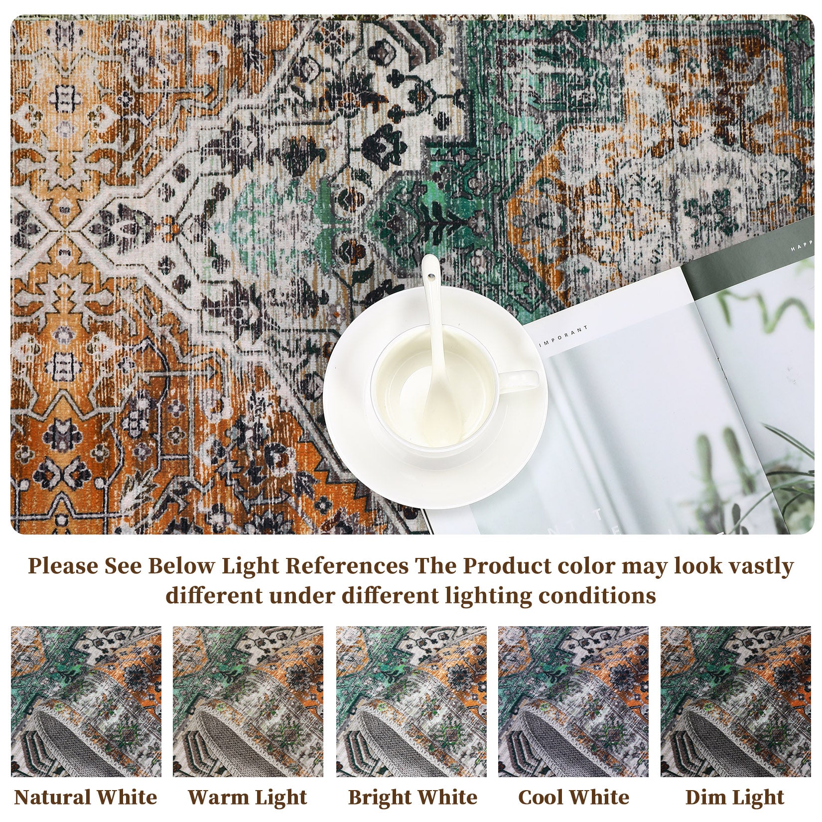 Garvee Oriental Rusty Brown 4x6 Area Washable Rug Vintage Print Rug Indoor Floor Cover Distressed Carpet Ultra Thin Rug Foldable Chenille Rug for Home Entryway Bedroom Living Room