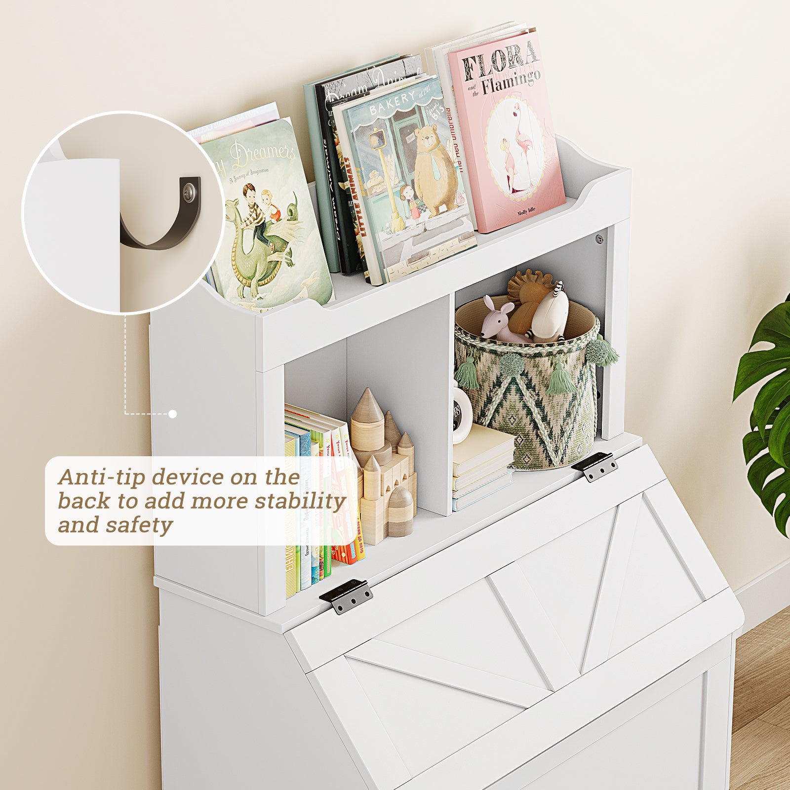 Garvee Toy Storage Organizer, Kids Bookshelf with Flip-Top Lid and Cubby, Wood Kids Bookcases Fit for Playroom, Children's Room, Bedroom, Nursery School - White