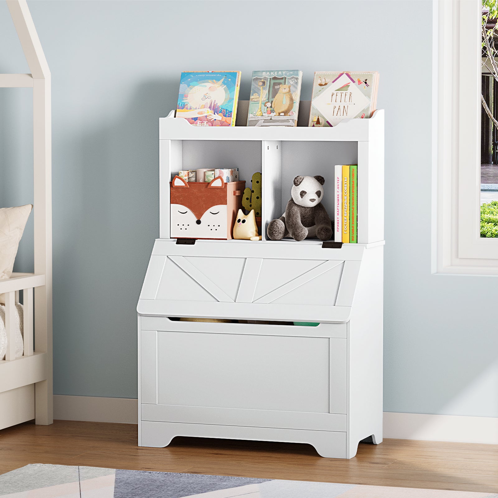 Garvee Toy Storage Organizer, Kids Bookshelf with Flip-Top Lid and Cubby, Wood Kids Bookcases Fit for Playroom, Children's Room, Bedroom, Nursery School - White