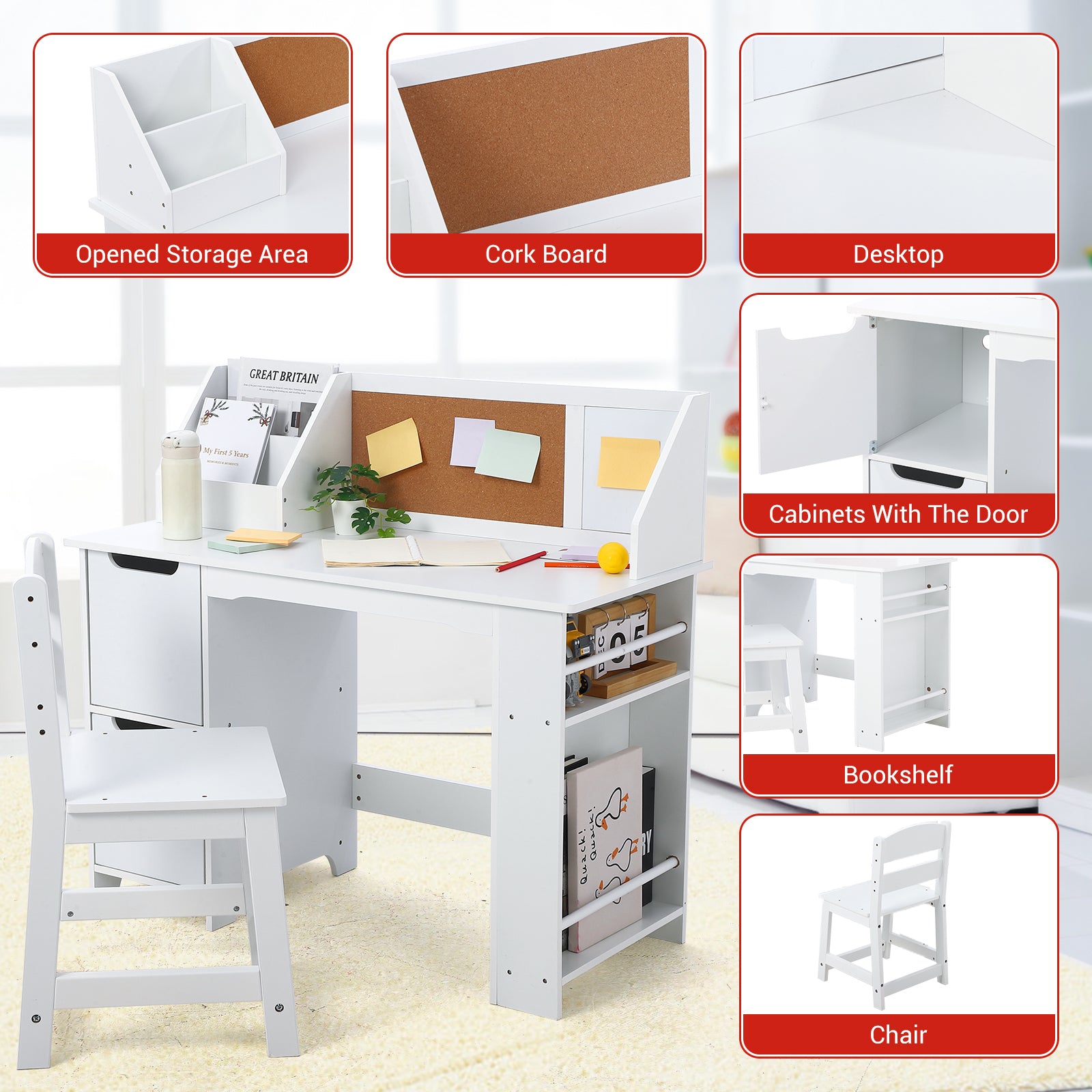 Garvee White Study Desk and Chair Set with Bookshelf, Bulletin Board, and Cabinets Ideal for Boys and Girls Ages 3-10