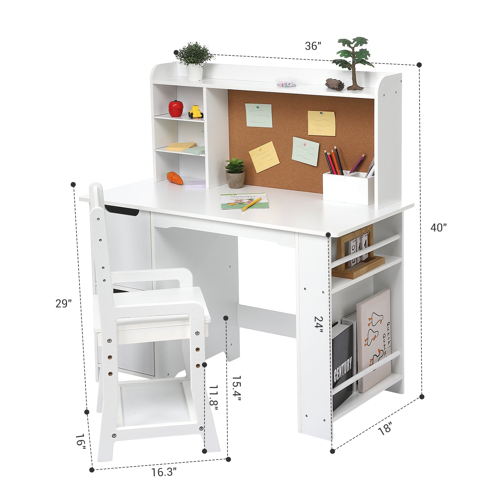 Garvee Kids Wooden Study Desk & Chair Set with Bulletin Board, Cabinets and Bookshelf Suitable for Age 3-10, White