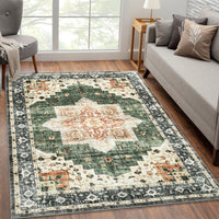 Garvee Area Rug 4x6 Washable Soft Rug Vintage Distressed Rug Ultra-Thin Throw Rug Non Slip Living Room Rug Indoor Floor Cover for Dining Room Bedroom, Green