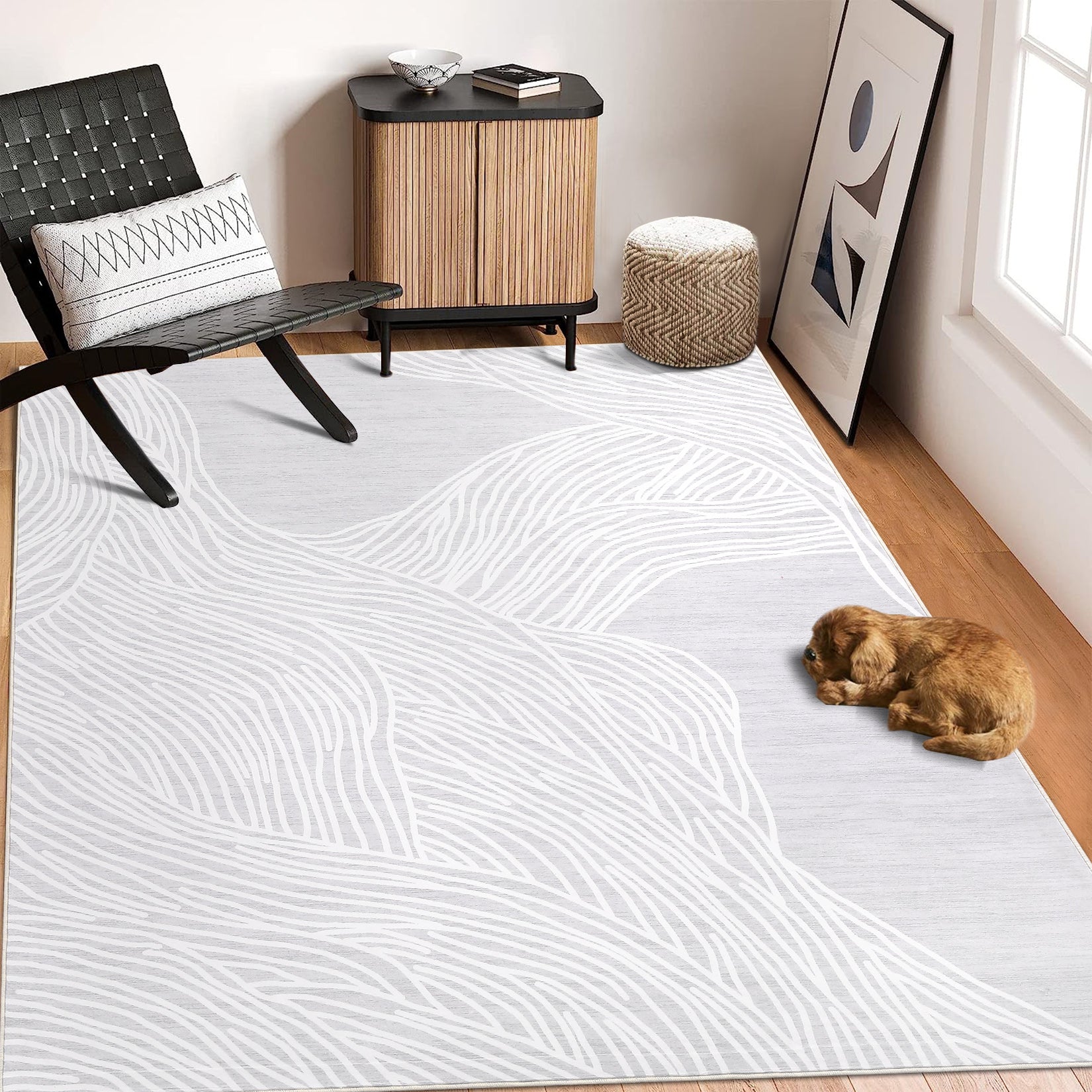 Garvee Modern Light Grey 9x12 Geometric Area Rug, Washable Non Slip Stain Resistant Carpet for Living Room Bedroom Office Dining
