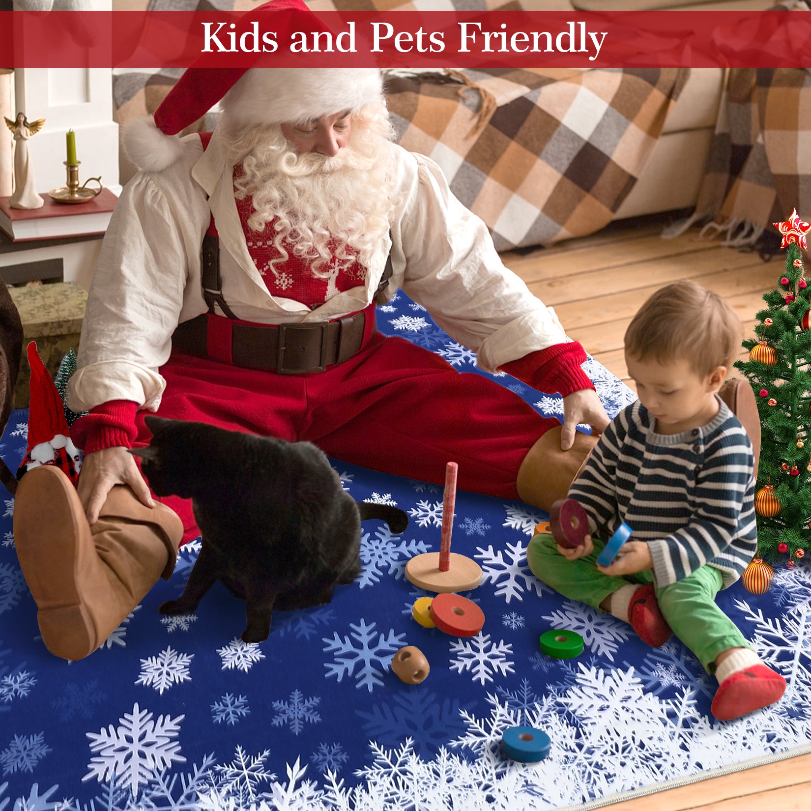 Garvee Christmas Area Rug 10x13 Snowflake Print Non-Slip Ultra Thin Stain Resistant Machine Washable Blue Living Room Decor