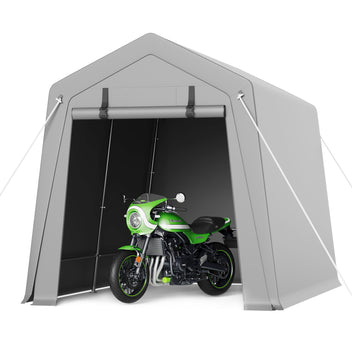 Garvee 7'x10' Portable Carport with Rolled-Up Zipper Door - Waterproof Garage for Motorcycle, Bike & Firewood Storage, Grey