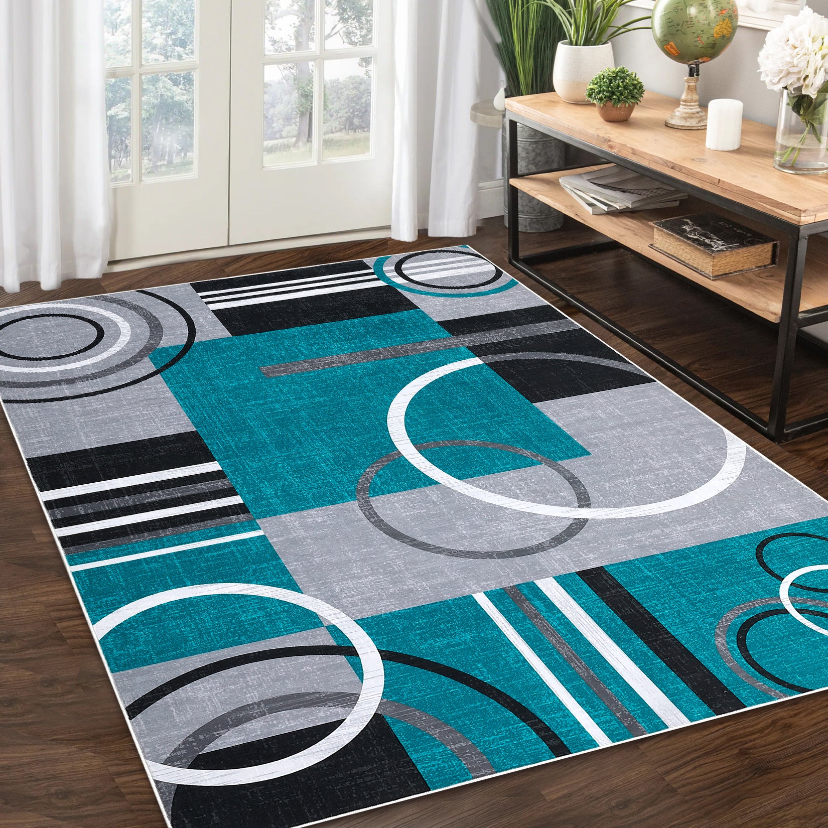 Garvee Modern Turquoise 10x13 Geometric Large Washable Rug, Non Slip Low Pile Stain Resistant Carpet for Living Room