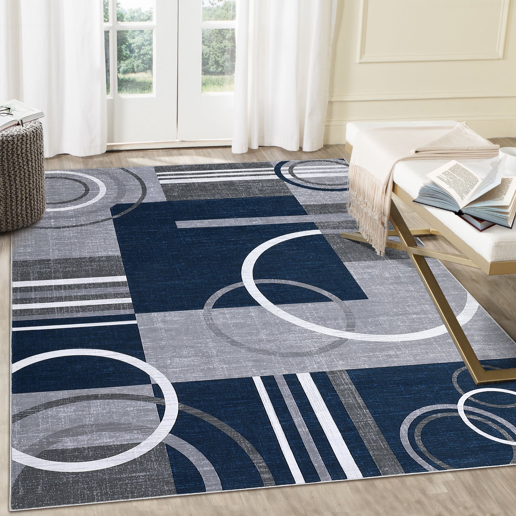 Garvee Modern Navy Blue 8x10 Geometric Washable Rug, Non Slip Low Pile Stain Resistant Carpet for Living Room & Bedroom