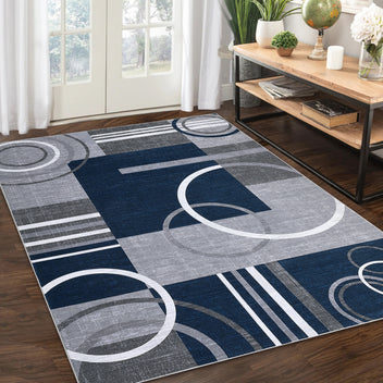 Garvee Modern Navy Blue 8x10 Geometric Washable Rug, Non Slip Low Pile Stain Resistant Carpet for Living Room & Bedroom