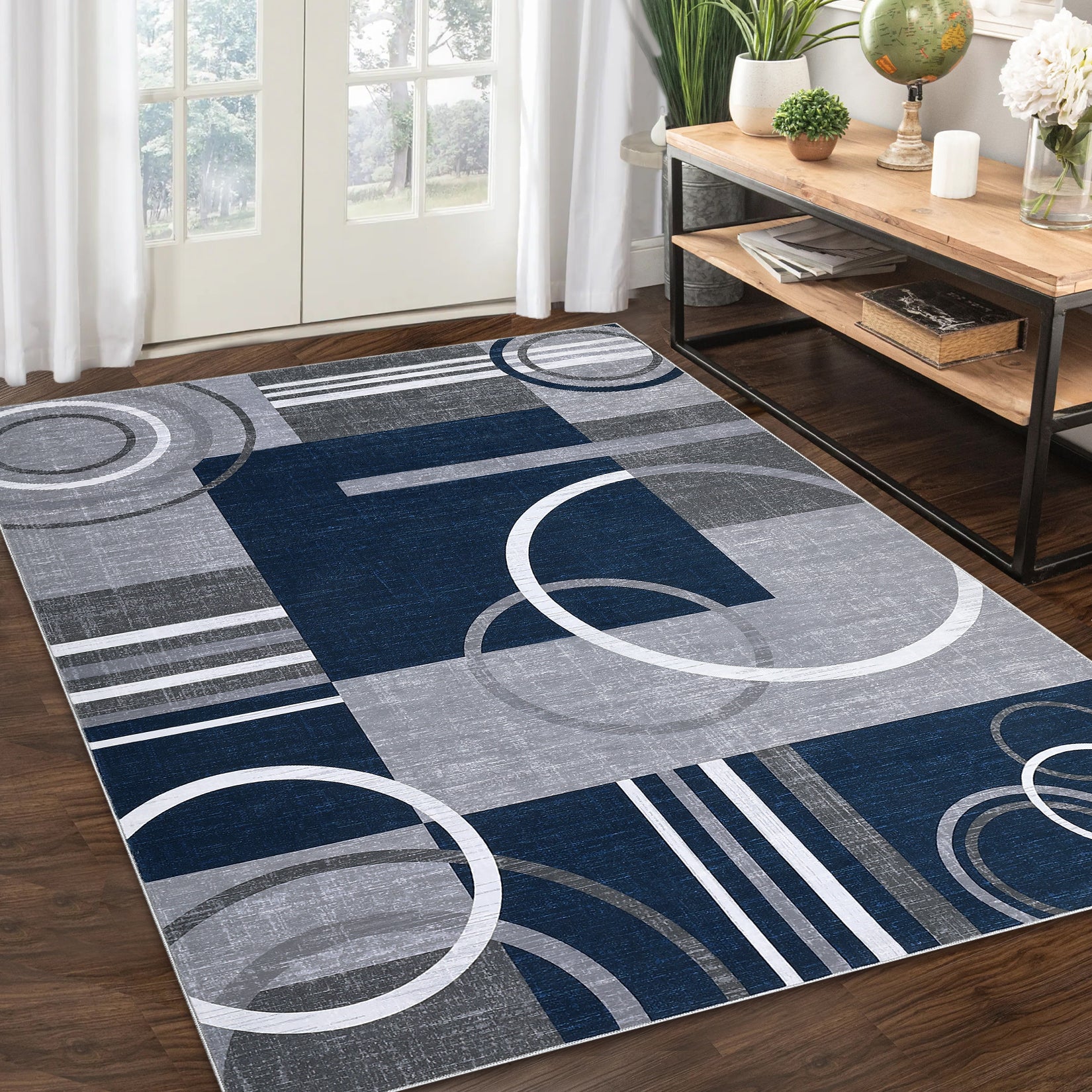 Garvee Modern Navy Blue 5x7 Geometric Washable Rug, Non Slip Low Pile Stain Resistant Carpet for Living Room & Bedroom
