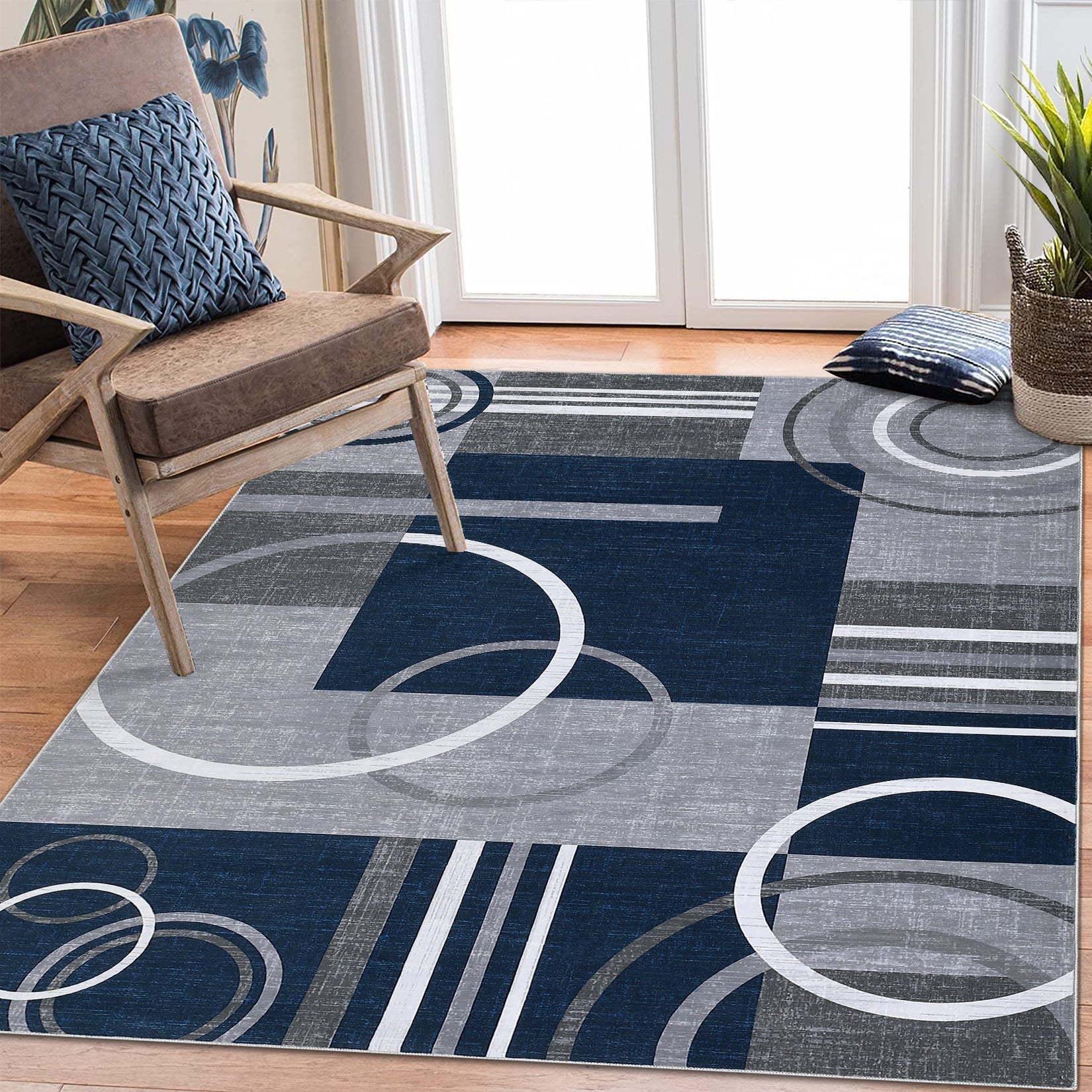 Garvee Modern Navy Blue 8x10 Geometric Washable Rug, Non Slip Low Pile Stain Resistant Carpet for Living Room & Bedroom