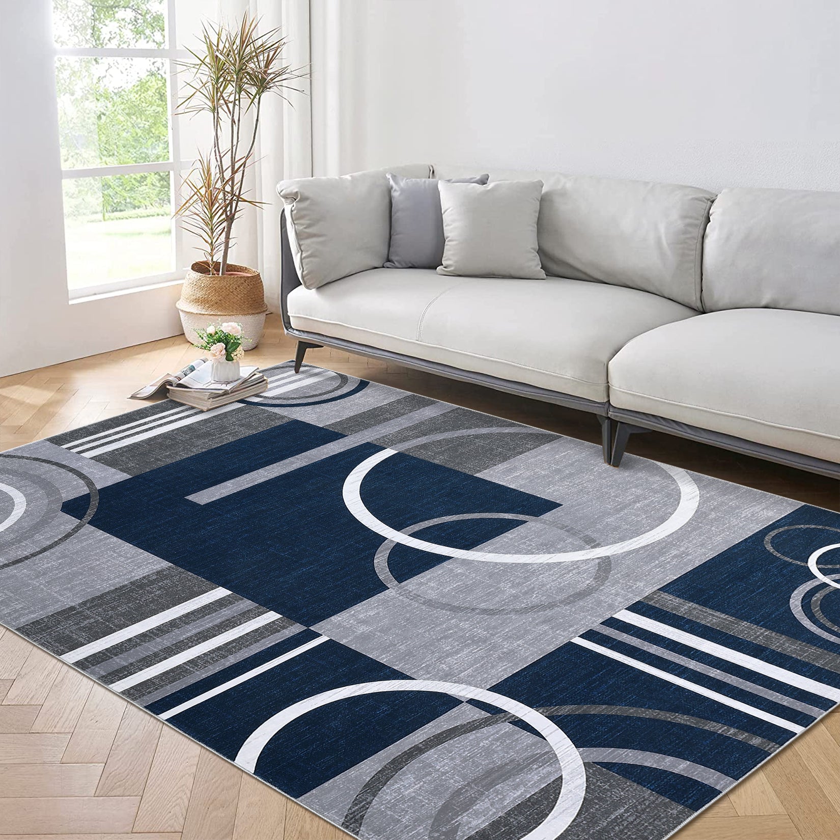 Garvee Modern Navy Blue 8x10 Geometric Washable Rug, Non Slip Low Pile Stain Resistant Carpet for Living Room & Bedroom