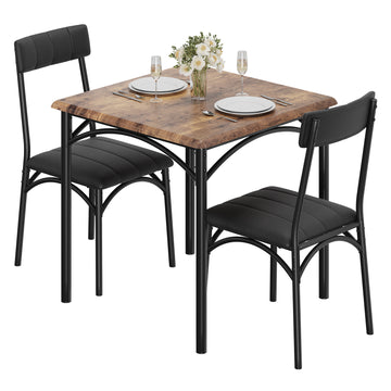 Garvee 3 Piece Dining Table Set for 2, Kitchen Table and Chairs Rectangular, Metal and Wood Dinning Room Table Furniture Set for Kitchen, Apartment, Brown