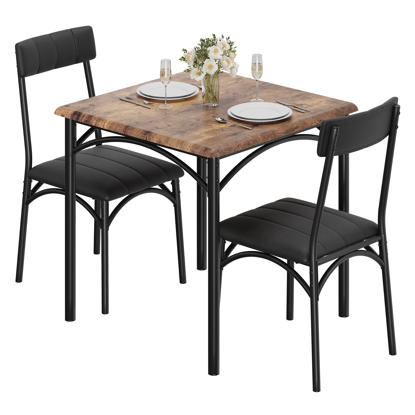 Garvee 3 Piece Dining Table Set for 2, Kitchen Table and Chairs Rectangular, Metal and Wood Dinning Room Table Furniture Set for Kitchen, Apartment, Brown