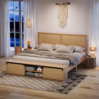 Garvee Natural Rattan Full Size Bed Frame with Sliding Barn Door Storage Cabinets and Led Light Headboard, Boho Farmhouse Wood Platform Bed with Solid Wood Legs Support, No Box Spring Needed