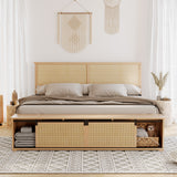 Garvee Natural Rattan Full Size Bed Frame with Sliding Barn Door Storage Cabinets and Led Light Headboard, Boho Farmhouse Wood Platform Bed with Solid Wood Legs Support, No Box Spring Needed - Natural