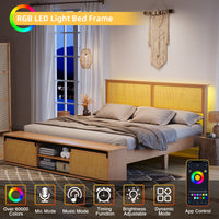 Garvee Natural Rattan Full Size Bed Frame with Sliding Barn Door Storage Cabinets and Led Light Headboard, Boho Farmhouse Wood Platform Bed with Solid Wood Legs Support, No Box Spring Needed