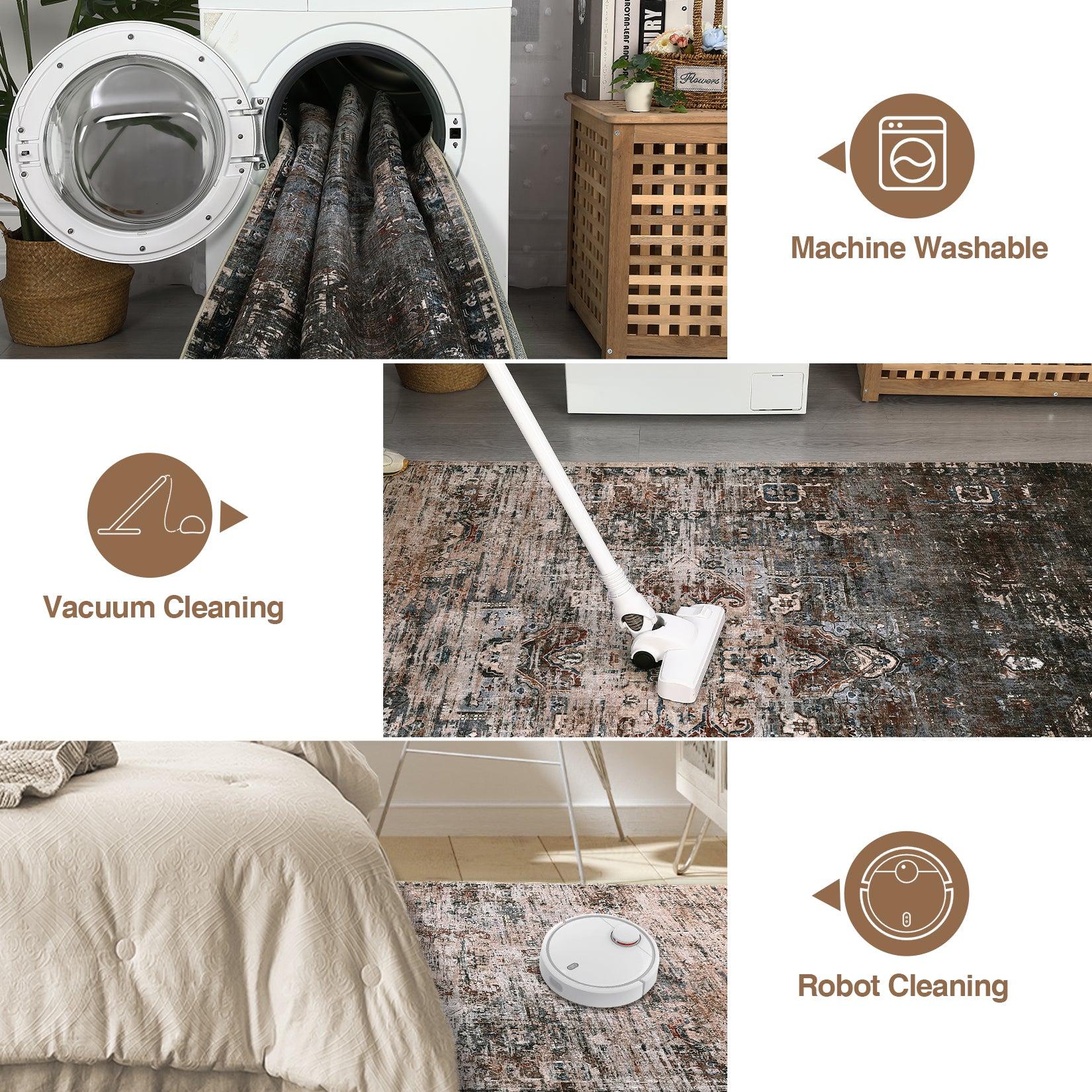 Garvee Area Rug 5x7, Washable Ombre Print Vintage Distressed Ultra-Thin Bedroom Living Room Accent Rug, Low Pile Non-Slip Area Rug Floor Carpet for Dining Room Home, Brown Multi