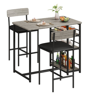 Garvee Dining Table Set for 2, Bar Table and Chairs for 2, Kitchen Table Set with 2 Upholstered Chairs, 3 Large Storage Shelves, Pub Table Set for Small Space, Apartment, Breakfast, Grey