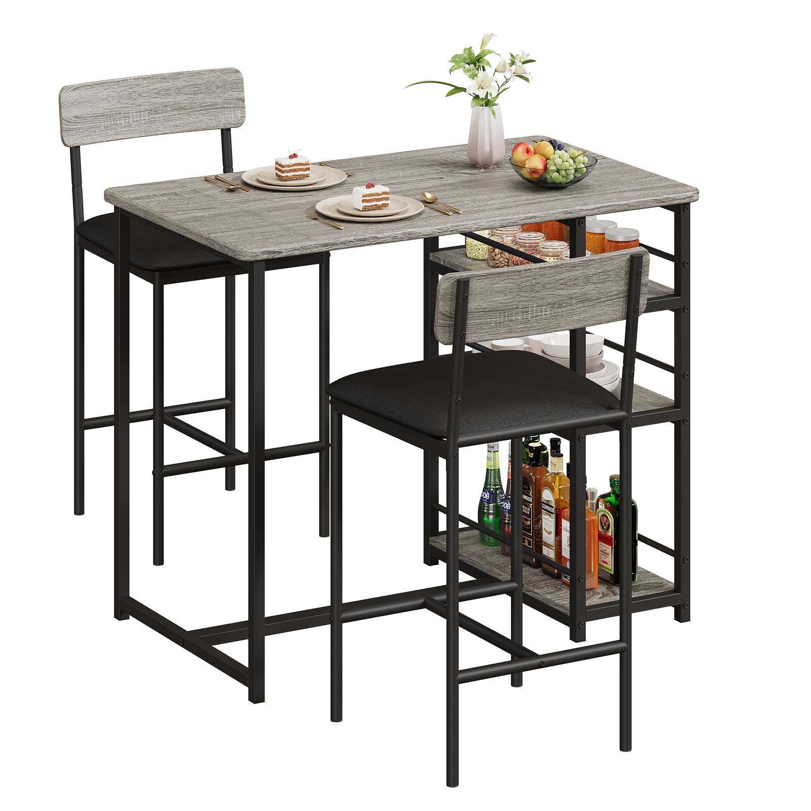 Garvee Dining Table Set for 2, Bar Table and Chairs for 2, Kitchen Table Set with 2 Upholstered Chairs, 3 Large Storage Shelves, Pub Table Set for Small Space, Apartment, Breakfast, Grey