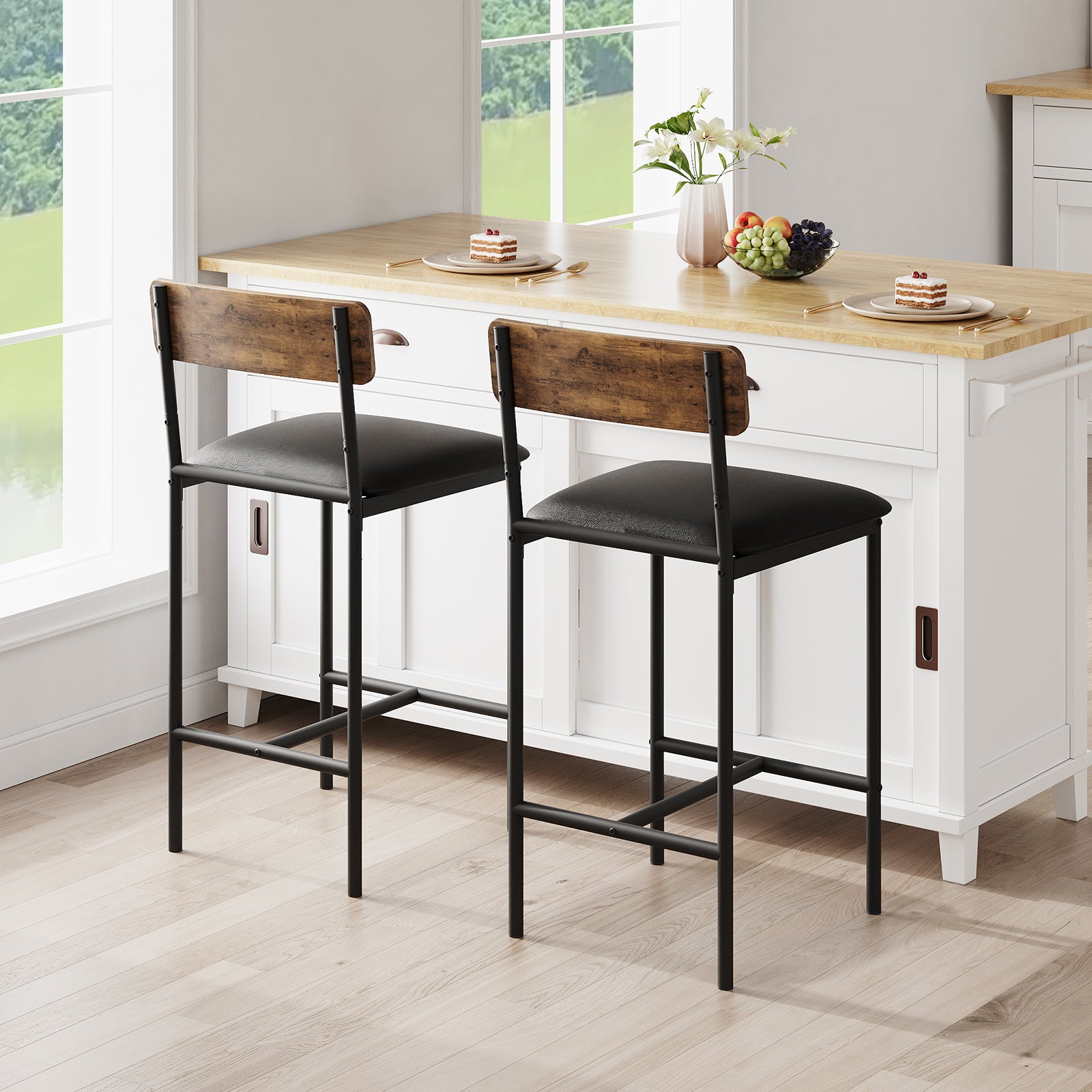 Garvee Bar Stools Set of 2, Counter Height with Footrest, PU Upholstered, Metal Frame, Ergonomic Backrest, Easy Assembly, Kitchen Island, Dining Room, Brown