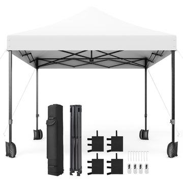 White 10'x10' pop-up tent, heavy-duty steel frame, UV-protected, perfect for camping.
