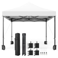 White 10'x10' pop-up tent, heavy-duty steel frame, UV-protected, perfect for camping.