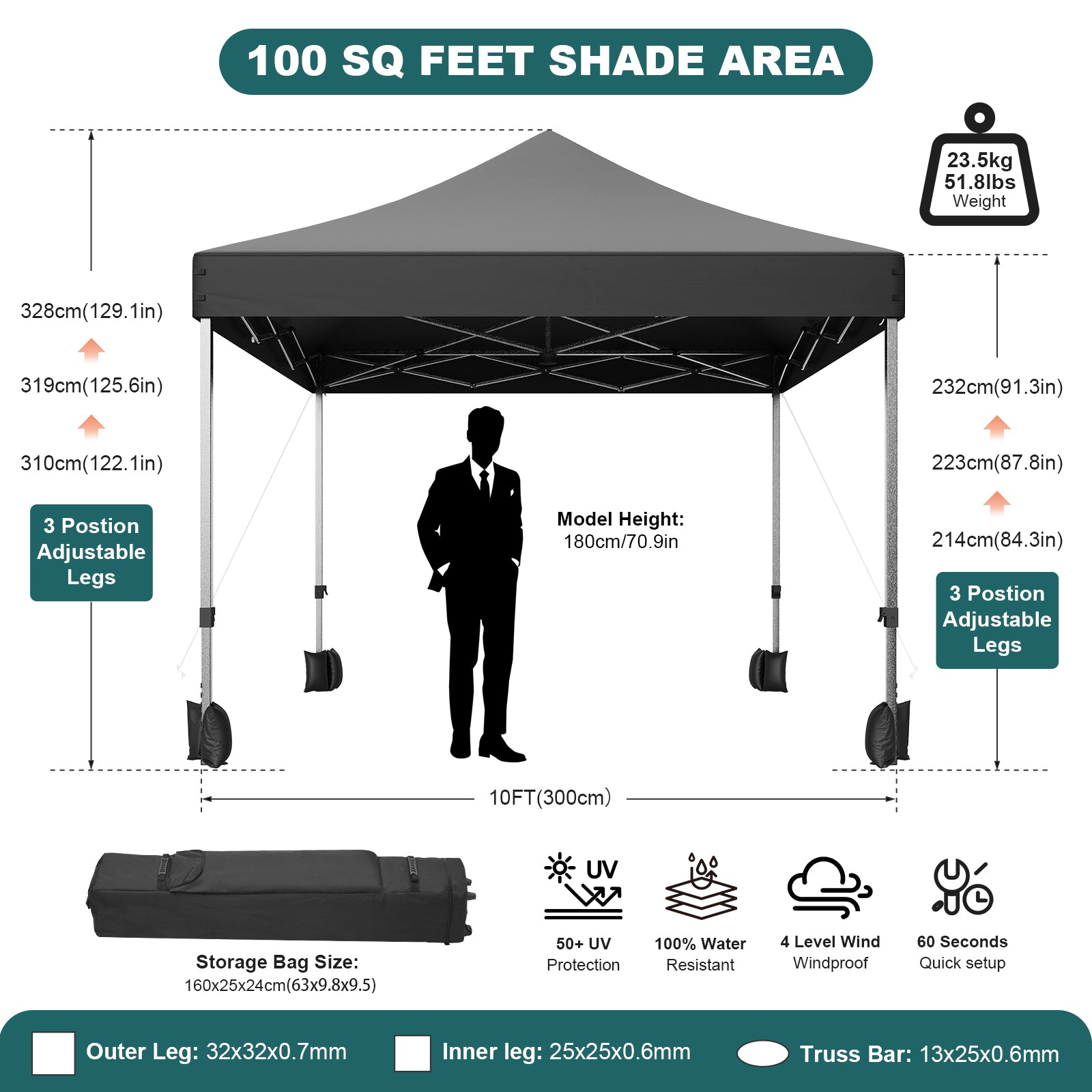 Garvee Commercial Canopy Tent, 10x10 Pop Up Canopy Tent Heavy Duty 500D Waterproof with Roller Bag & 4 Sandbag for Outdoor Camping Stall Party Event (Black)