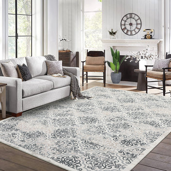Garvee Large Throw Rugs for Living Room 10x13, Vintage Washable Rugs for Bedroom Non Slip Entryway Rugs, Moroccan Soft Rubber Backing Low Pile Printed Carpet for Bedside Kitchen, Grey