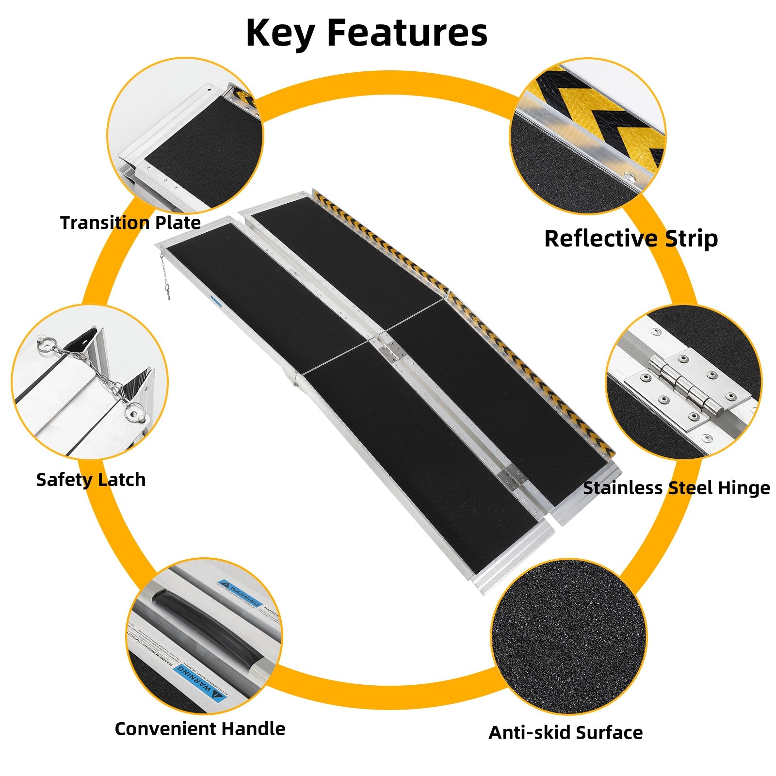 Garvee 7FT Aluminum Wheelchair Ramp Portable Foldable 600Lbs Capacity Non-Skid Surface Reflective Strips Home Use
