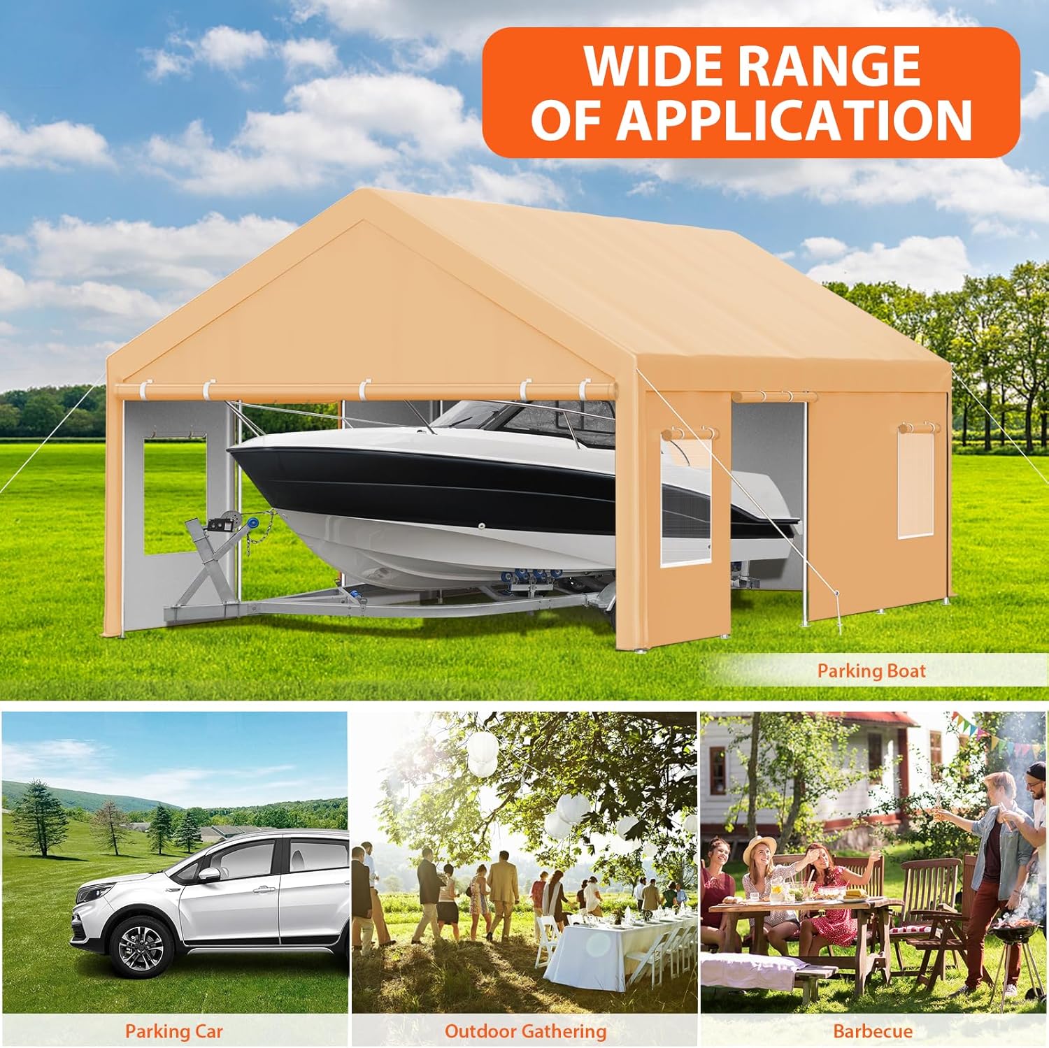 Garvee Heavy Duty Carport 13x25 FT Oversized Portable Garage with 4 Doors & 4 Windows, Reinforced Frame, Waterproof PE Tarp, All-Weather Protection, Galvanized Steel, Outdoor Shelter for Cars and Gatherings