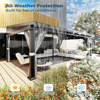 Garvee 12'x16' Wall-Mounted Hardtop Gazebo Aluminum Frame Galvanized Steel Roof Gutters Mosquito Netting Privacy Curtains for Backyard Deck Carport