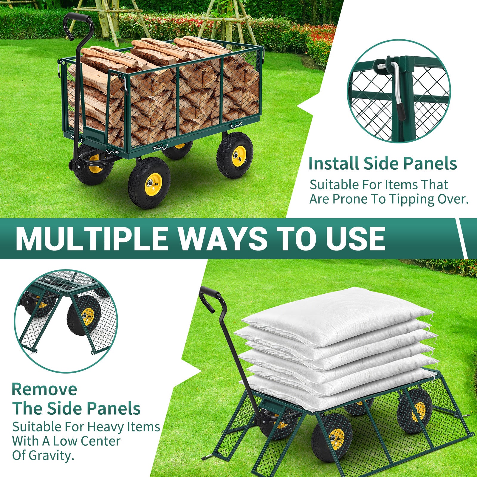 Garvee Heavy Duty Steel Garden Cart 1100 LBS Load 3-in-1 Design 10" Pneumatic Tires 180° Rotating Handle Removable Sides for Farm Yard