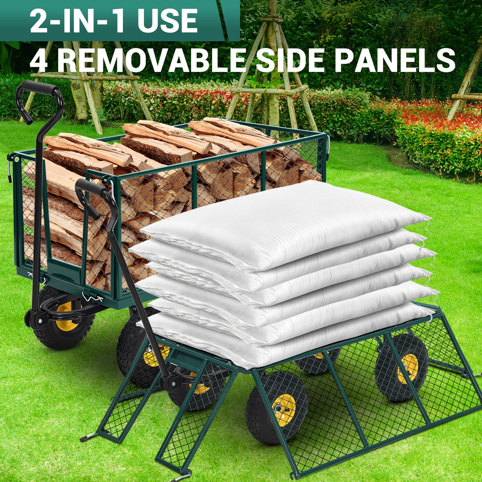 Garvee Heavy Duty Steel Garden Cart 1100 LBS Load 3-in-1 Design 10" Pneumatic Tires 180° Rotating Handle Removable Sides for Farm Yard