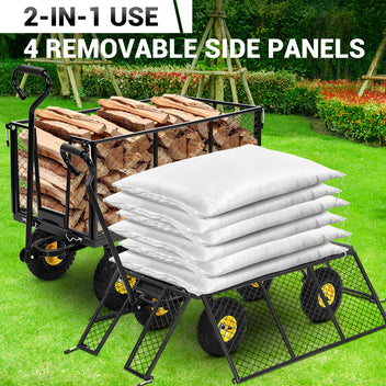 Garvee Heavy Duty Steel Garden Cart 1100 LBS Load 3-in-1 Design 10" Pneumatic Tires 180° Rotating Handle Removable Sides for Farm Yard
