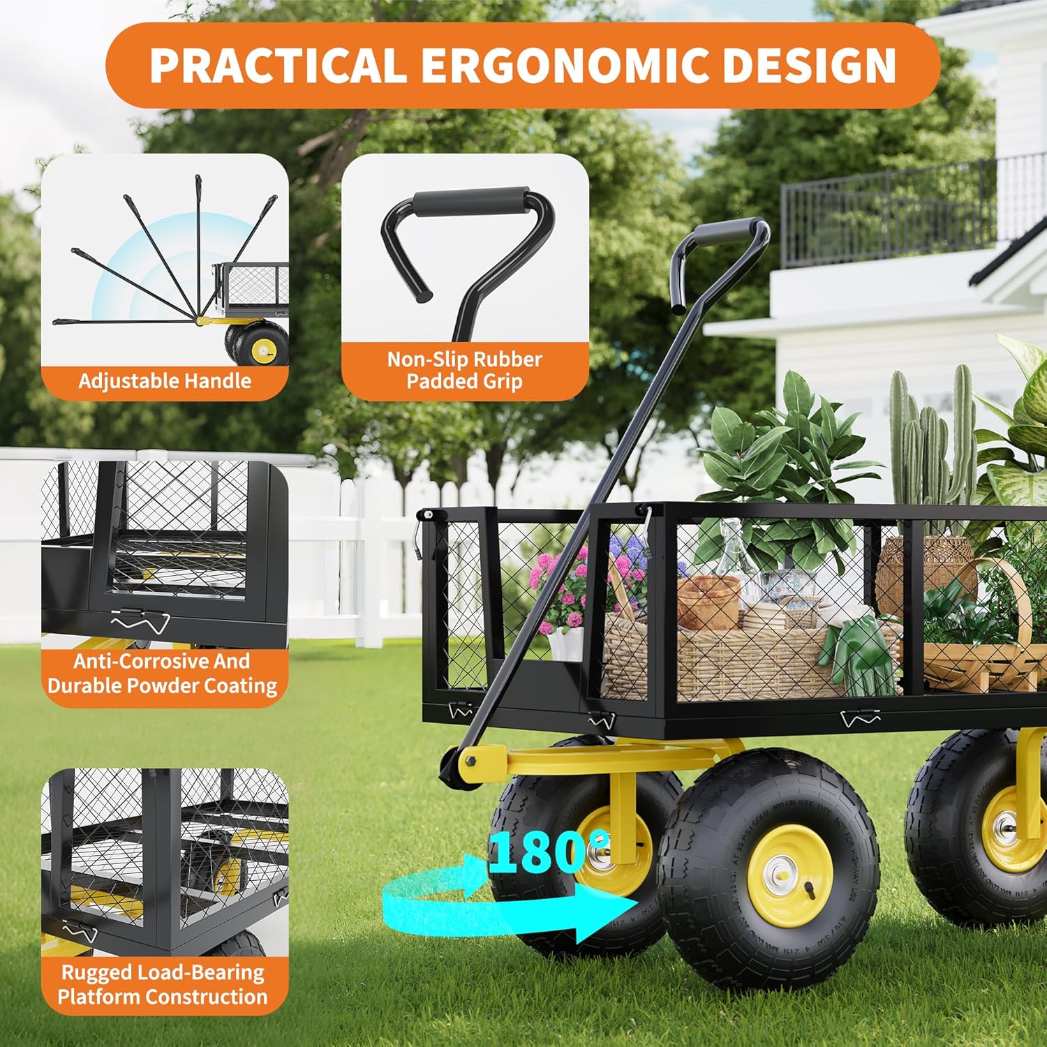 Garvee 500 Lbs Garden Wagon Heavy-Duty Steel Cart with 10" All-Terrain Tires, Removable Mesh Panels, 180° Rotating Handle for Outdoor Gardens