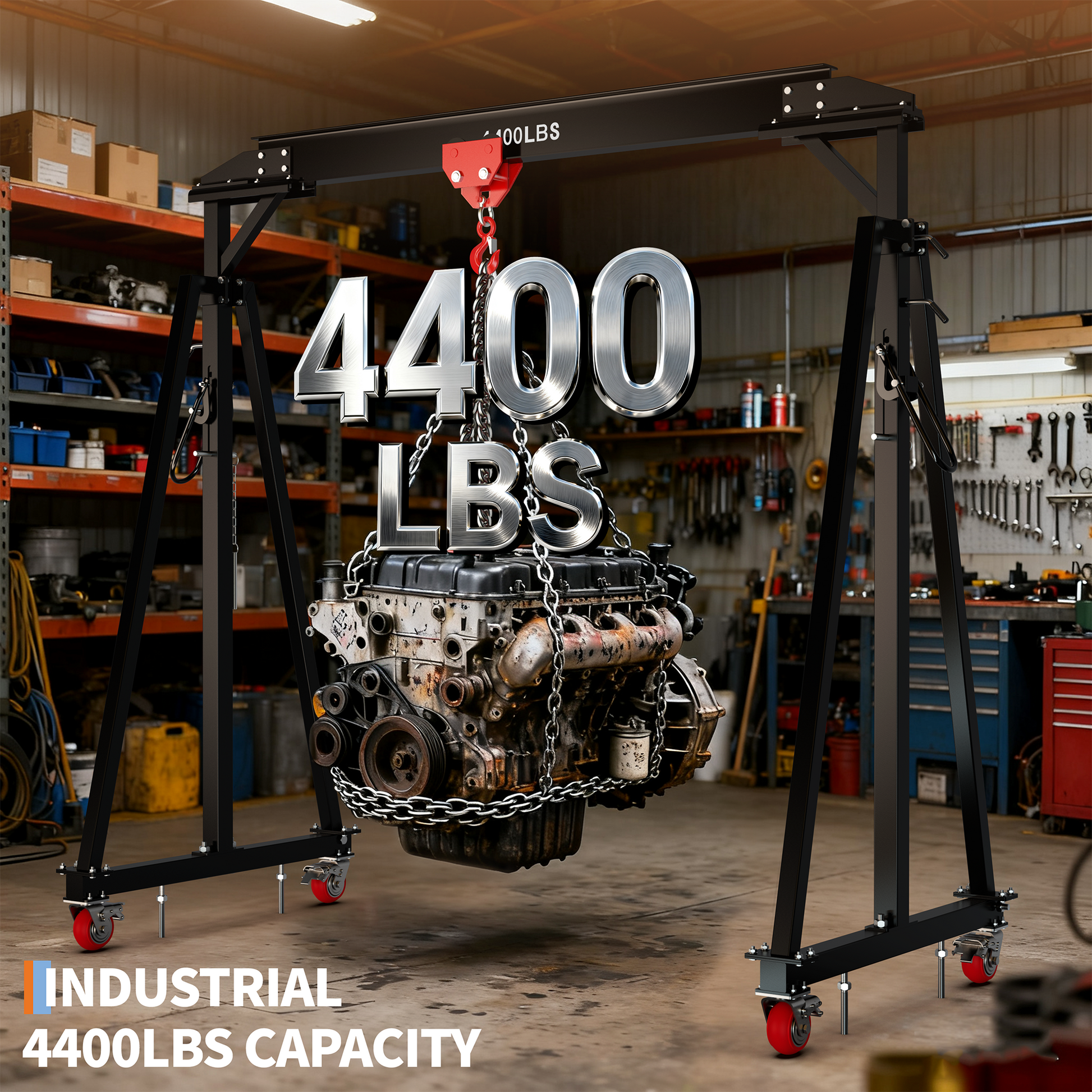 Garvee 2 Ton Adjustable Gantry Crane, 4400 lb Steel Portable Crane with Manual Trolley, 97"–141" Height