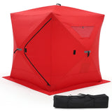 Garvee Pop-up Ice Fishing Shelter 3-4 Person, 3-Layer Insulated Ice Fishing Tent with 2 Doors & 2 Windows, Windproof Warm Portable Ice Shanty with Carrying Bag, 6 Ground Stakes & 6 Ropes - Red
