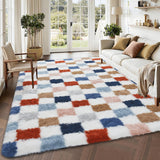 Garvee Plush Fuzzy 10x13 Area Rugs for Living Room, Washable Plush Checkered Rug for Bedroom, Modern Shag Rainbow Rugs Non Slip Soft Furry Large Carpet for Kids Room Nursery Home Decor - Brown Multi