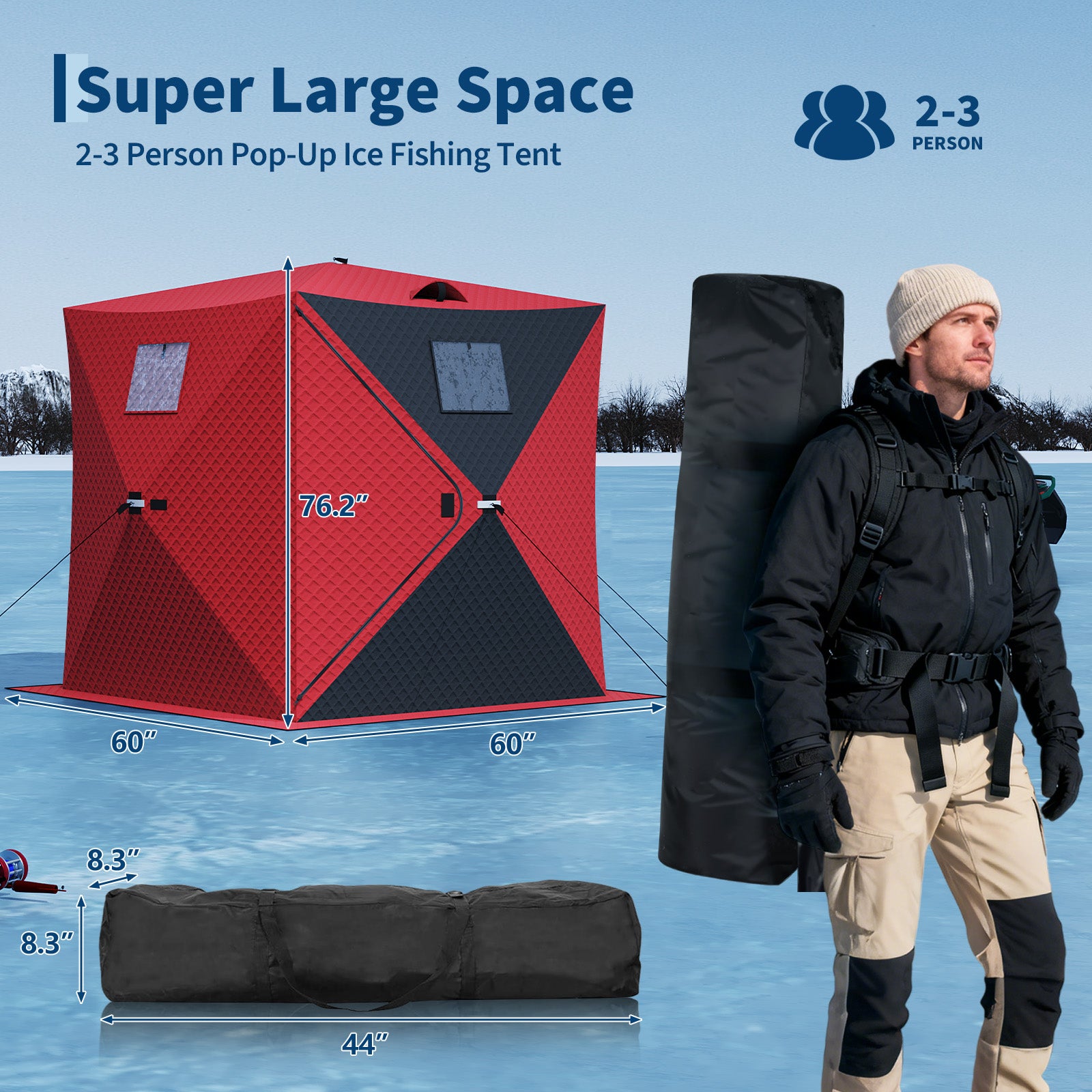 Garvee Insulated Pop-Up Ice Fishing Shelter – 2-3 Person Portable Winter Tent with Windows, Zippered Door, Integrated Light Strip, Carry Bag, Anchors & Wind Rope – Durable Ice Shanty for Outdoor Ice Fishing