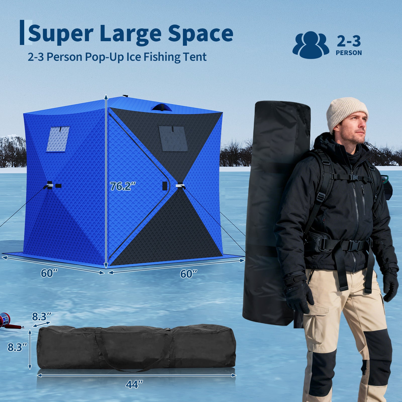 Garvee Pop Up Ice Fishing Tent 49ft LED Light Strip Insulated Waterproof Windproof Blue+Black 25 sq ft Fishable Area 2-3 Person Winter Fishing