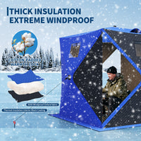 Garvee Insulated Pop-Up Ice Fishing Tent – 3-4 Person Shelter with 49ft LED Light Strip, Windproof, Easy Setup, Windows, Zippered Door, Carry Bag, Anchors, Battery Box – Blue + 2 Side Black, 70.8x70.8x77.74in, Includes 15m Light Strip