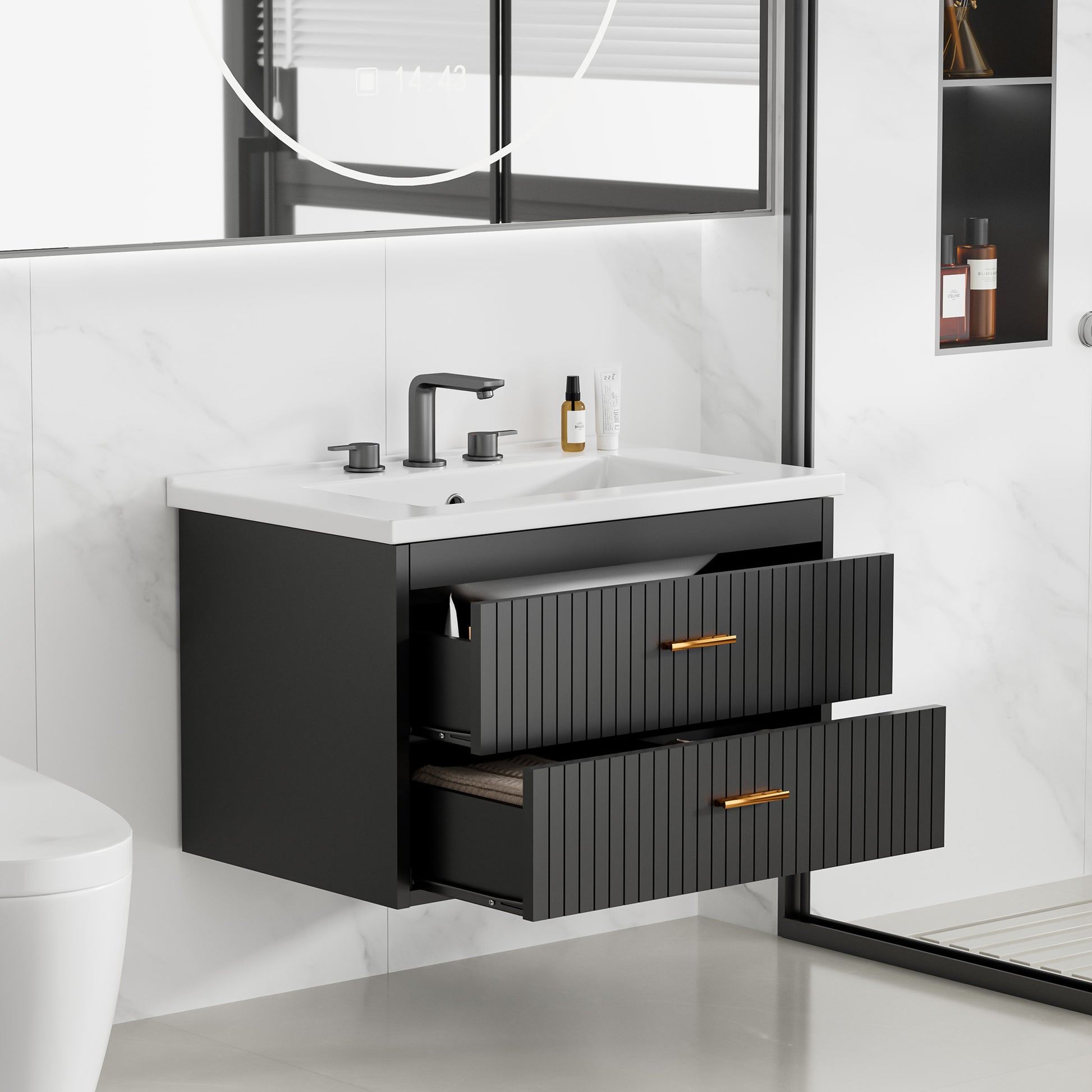 Garvee Modern 30" Wall-Mounted Floating Bathroom Vanity with Ceramic Sink and Soft-Close Drawers,  Black