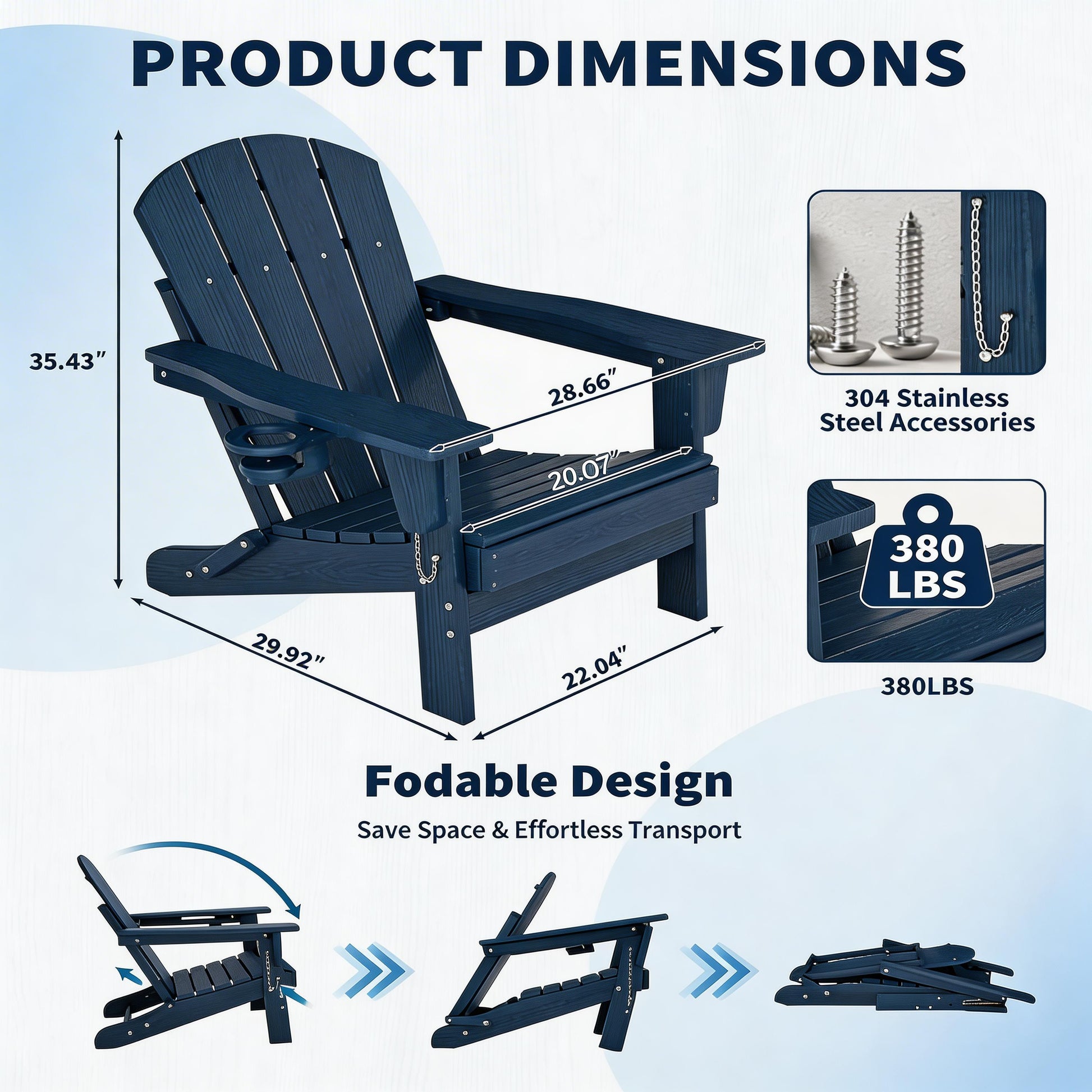 Garvee HDPE Adirondack Chair, Foldable Outdoor Lounge Chair with Cup Holder for Porch, Poolside, Blue