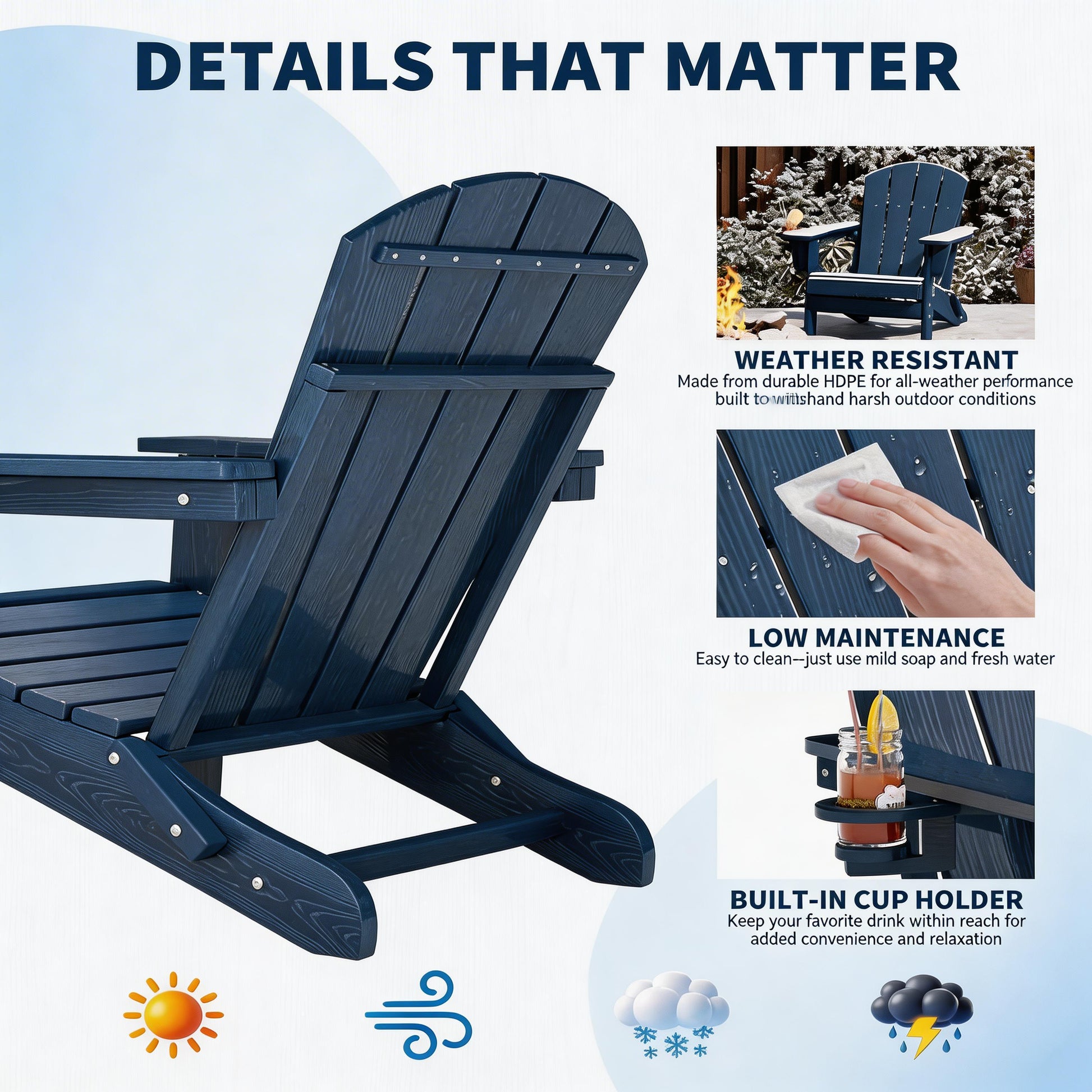 Garvee HDPE Adirondack Chair, Foldable Outdoor Lounge Chair with Cup Holder for Porch, Poolside, Blue