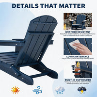 Garvee HDPE Adirondack Chair, Foldable Outdoor Lounge Chair with Cup Holder for Porch, Poolside, Blue