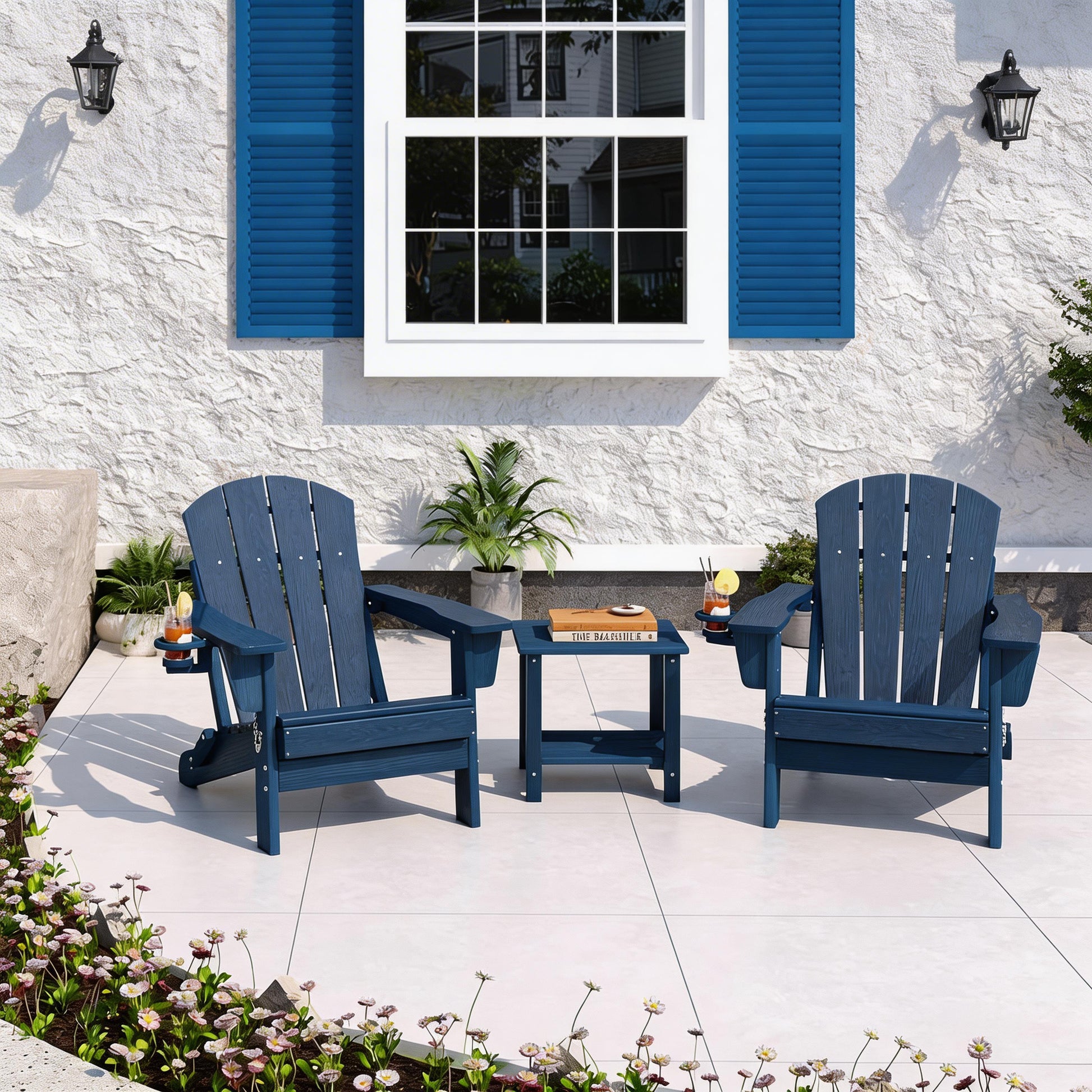 Garvee HDPE Adirondack Chair, Foldable Outdoor Lounge Chair with Cup Holder for Porch, Poolside, Blue
