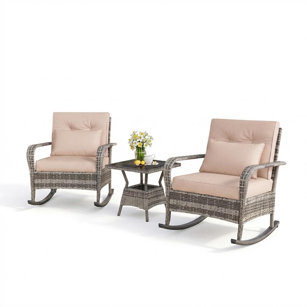 Garvee Outdoor Wicker Rocking Chair with Thick Cushions, All-Weather PE Rattan Patio Rocker for Porch, Garden & Balcony, Gray/Beige