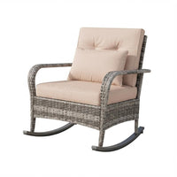 Garvee Outdoor Wicker Rocking Chair with Thick Cushions, All-Weather PE Rattan Patio Rocker for Porch, Garden & Balcony, Gray/Beige