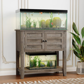 Garvee Heavy Duty Aquarium Stand with Charging Station - 20-29 Gallon Capacity - Dual Tier Storage Cabinet - Magnetic Double Doors - Anti-Tip Design - Modern Living Room Furniture Set - Gray