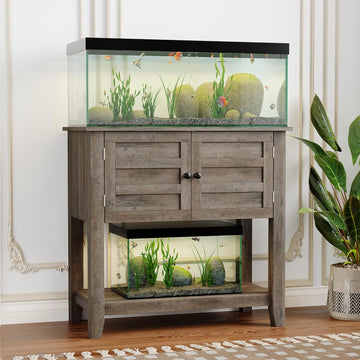 Garvee Heavy Duty Aquarium Stand with Charging Station - 20-29 Gallon Capacity - Dual Tier Storage Cabinet - Magnetic Double Doors - Anti-Tip Design - Modern Living Room Furniture Set - Gray